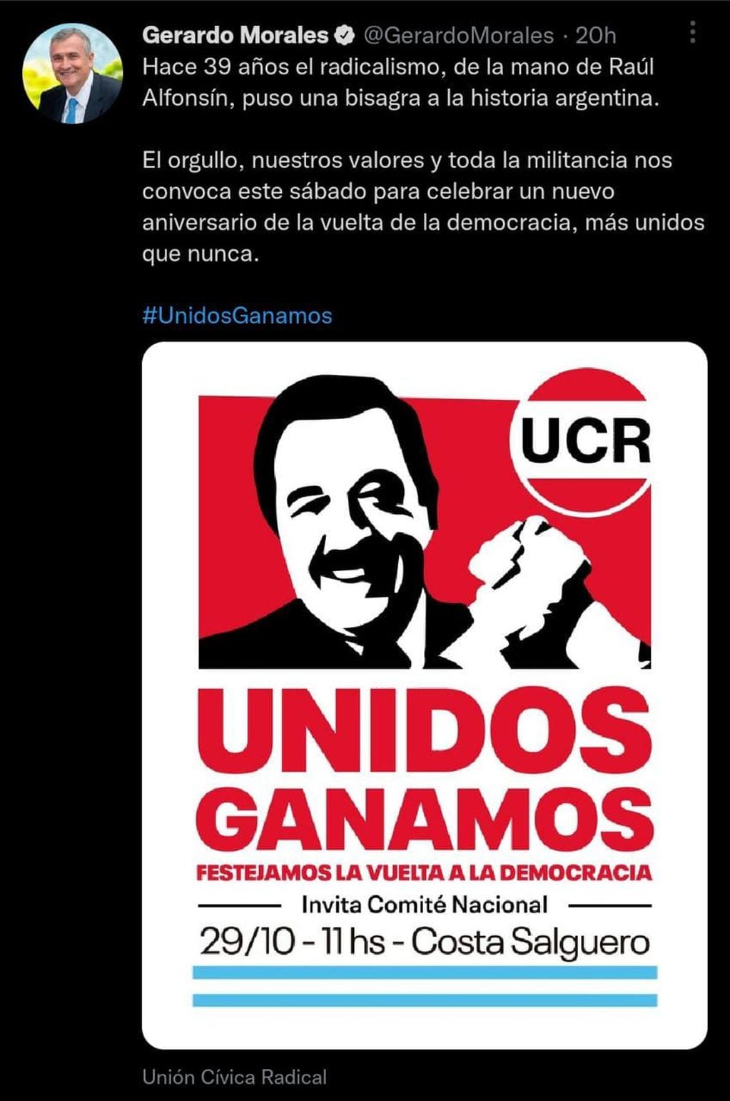 La UCR encabeza un acto en Costa Salguero por un nuevo aniversario de la vuelta de la democracia.