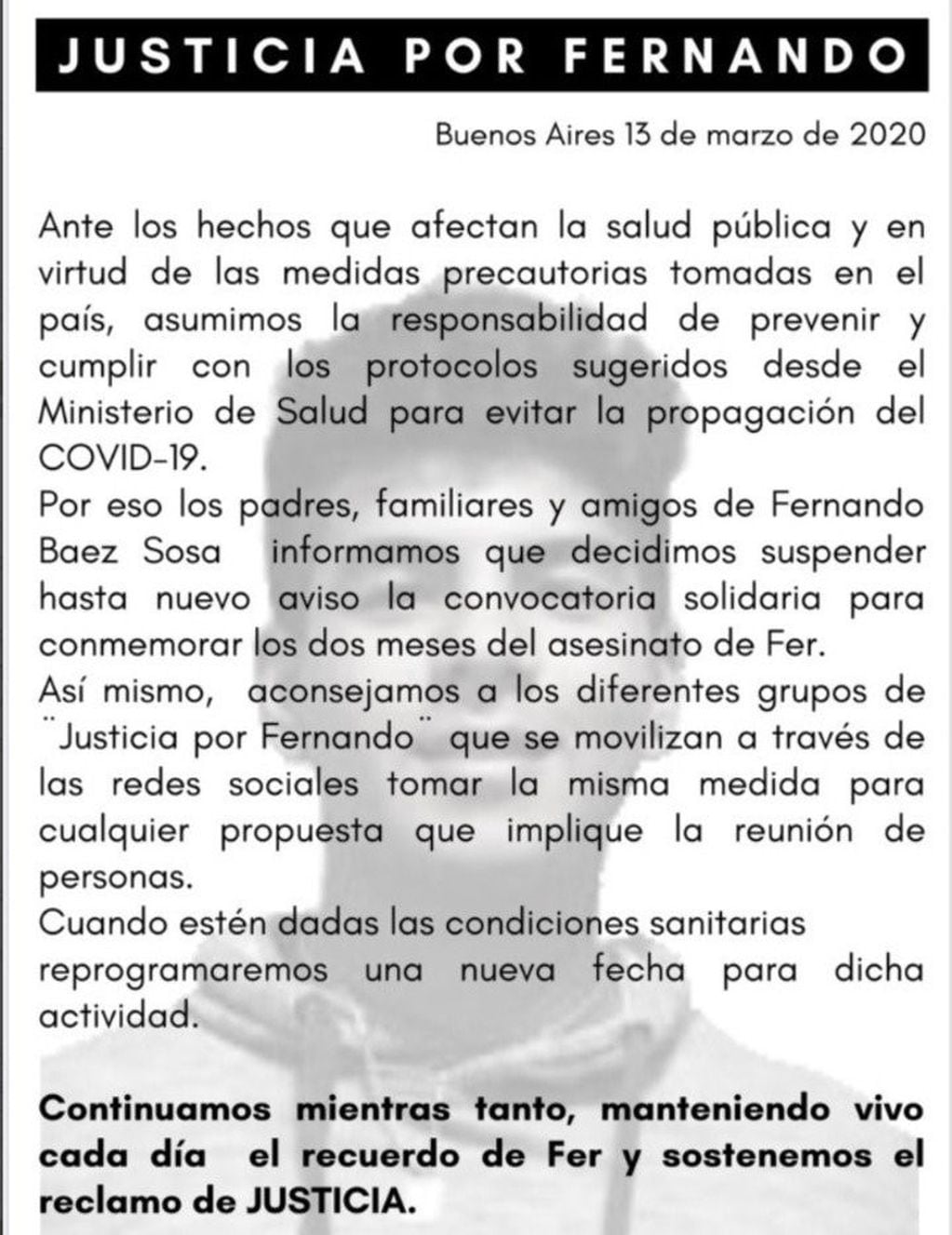 Cancelación de la marcha de Justicia por Fernando Báez Sosa, a raíz del brote de coronavirus. (Web)
