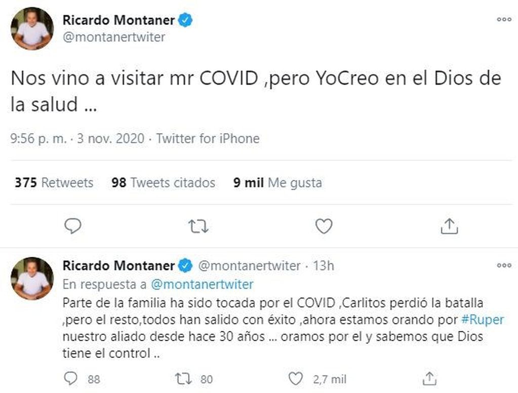 Montaner anunció en Twitter que el Covid-19 llegó a su familia (Twitter/@montanertwitter)