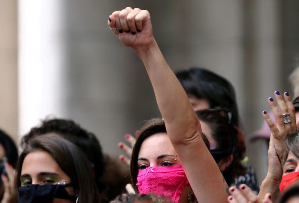 Women wear knickers as masks during a demonstration on International Women's Day in Buenos Aires, Argentina, March 8, 2018. REUTERS/Marcos Brindicci