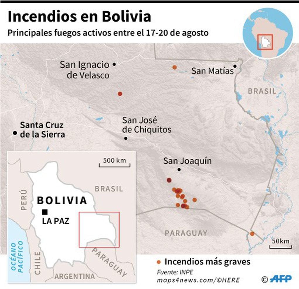 Gráfico con los principales incendios forestales en Bolivia, activos entre el 17 y 20 de agosto, que han arrasado 471.000 hectáreas de bosque.  (AFP / AFP)
