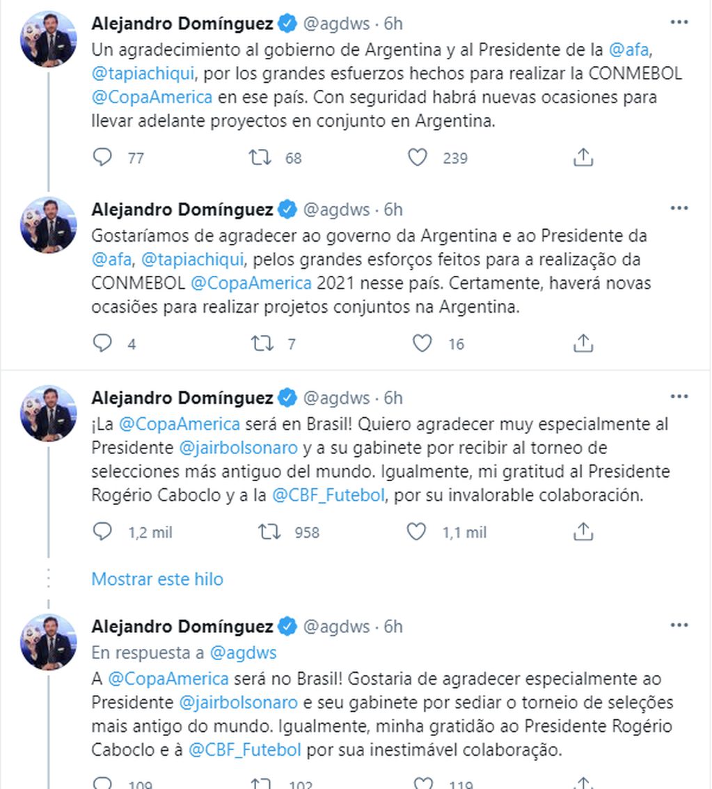 Copa América: El presidente de la Conmebol, Alejandro Domínguez, envió mensajes de “agradecimiento” al Gobierno argentino y a la AFA.