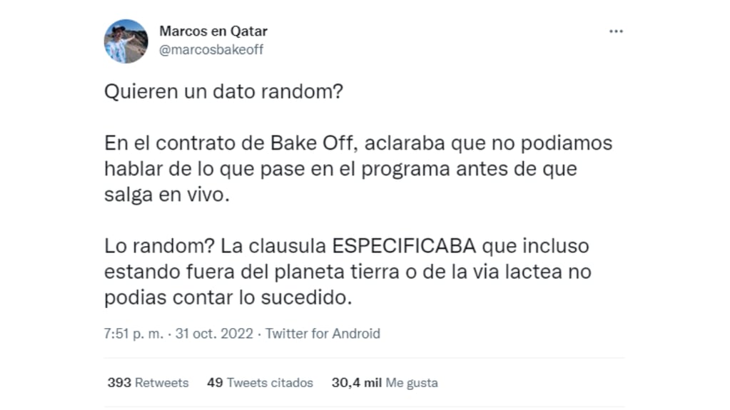 Marcos contó la cláusula del contrato de Bake Off.