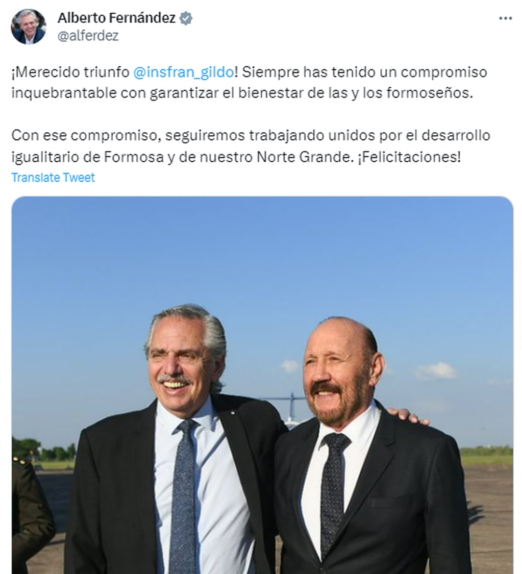 Alberto Fernández felicitó a Gildo Insfrán con más del 30% de las mesas de Formosa escrutadas.