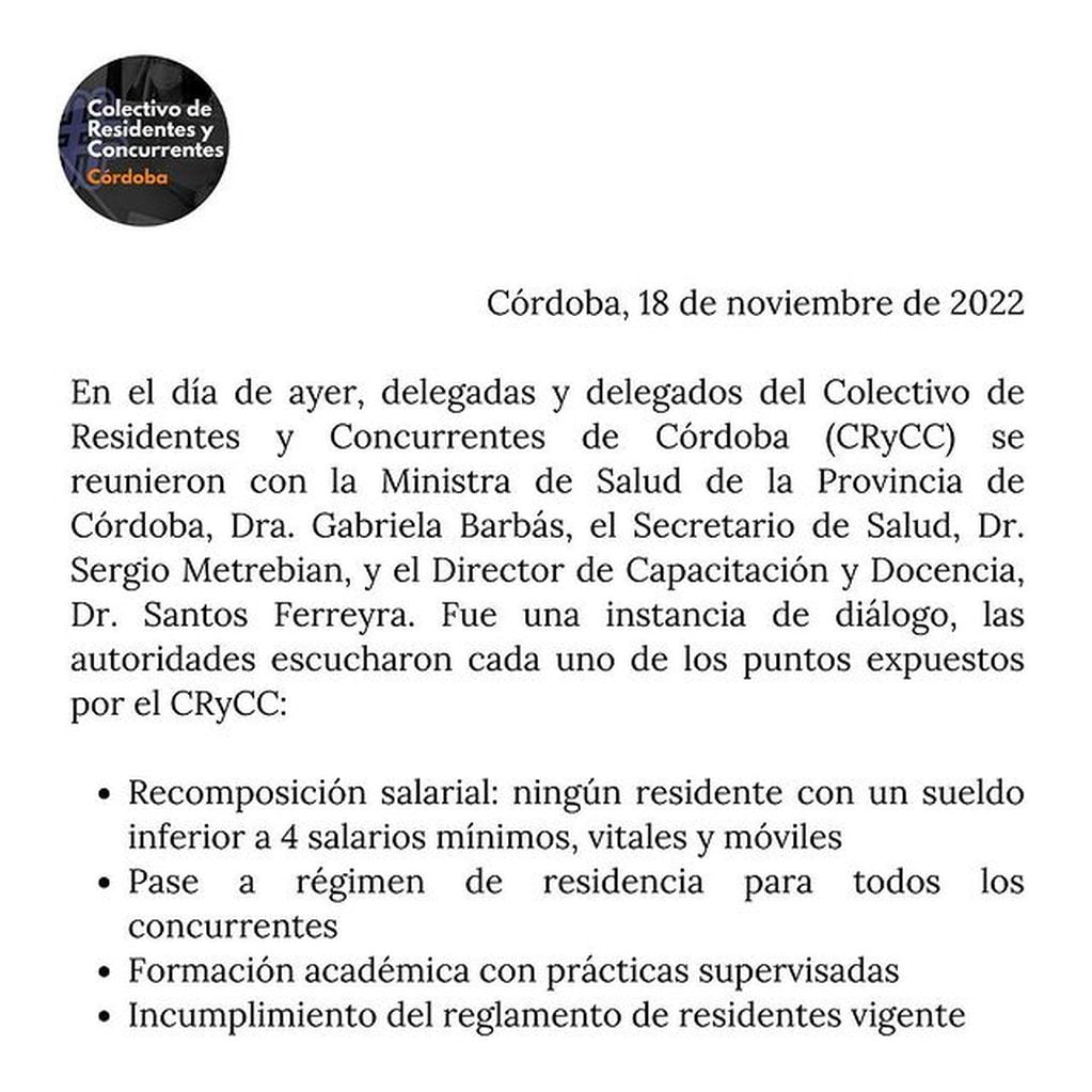 Comunicado de Residentes de Córdoba.
