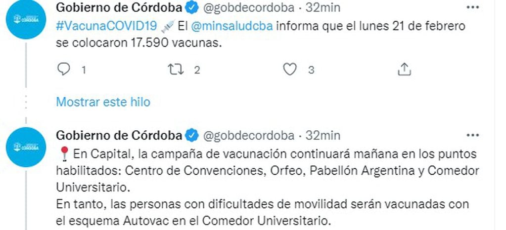 La campaña de vacunación contra el Covid en Córdoba. Con continuidad este martes.