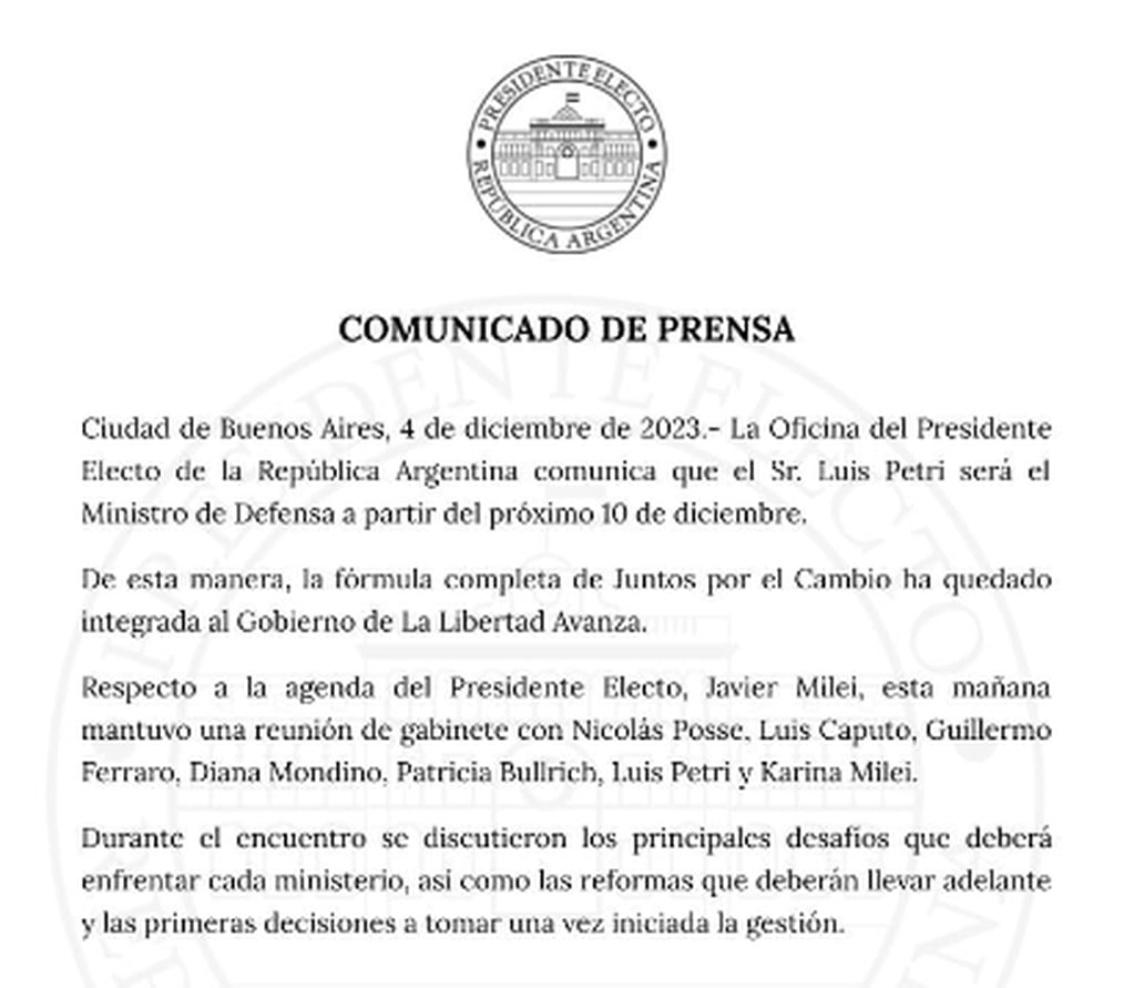 El comunicado informando el nombramiento de Luis Petri como ministro de Defensa.