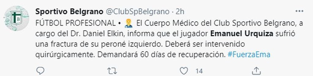 El parte médico del club por la lesión de Emanuel Urquiza.