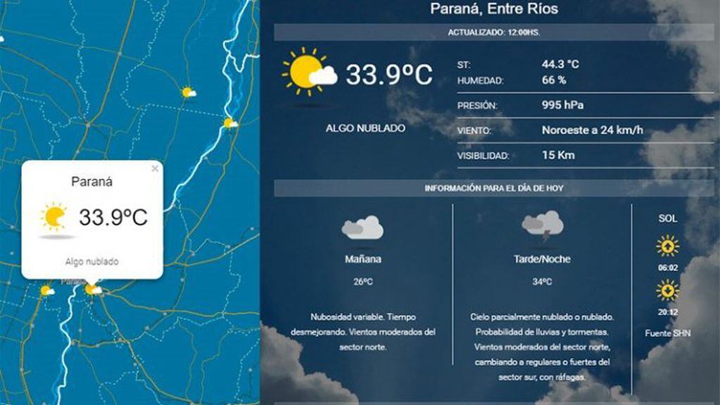 La sensación térmica de Paraná marca 45° y con ella una alerta por tormentas fuertes