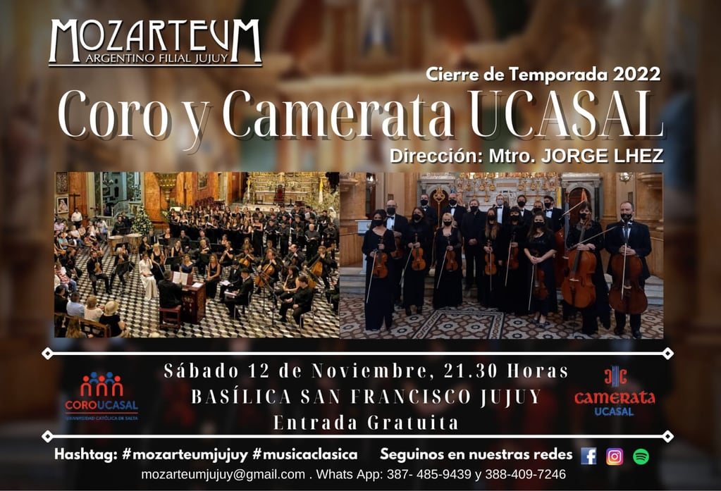 El cierre de temporada de Mozarteum Jujuy será con Coro y Camerata UCASAL, este sábado con entrada gratuita en la iglesia San Francisco.