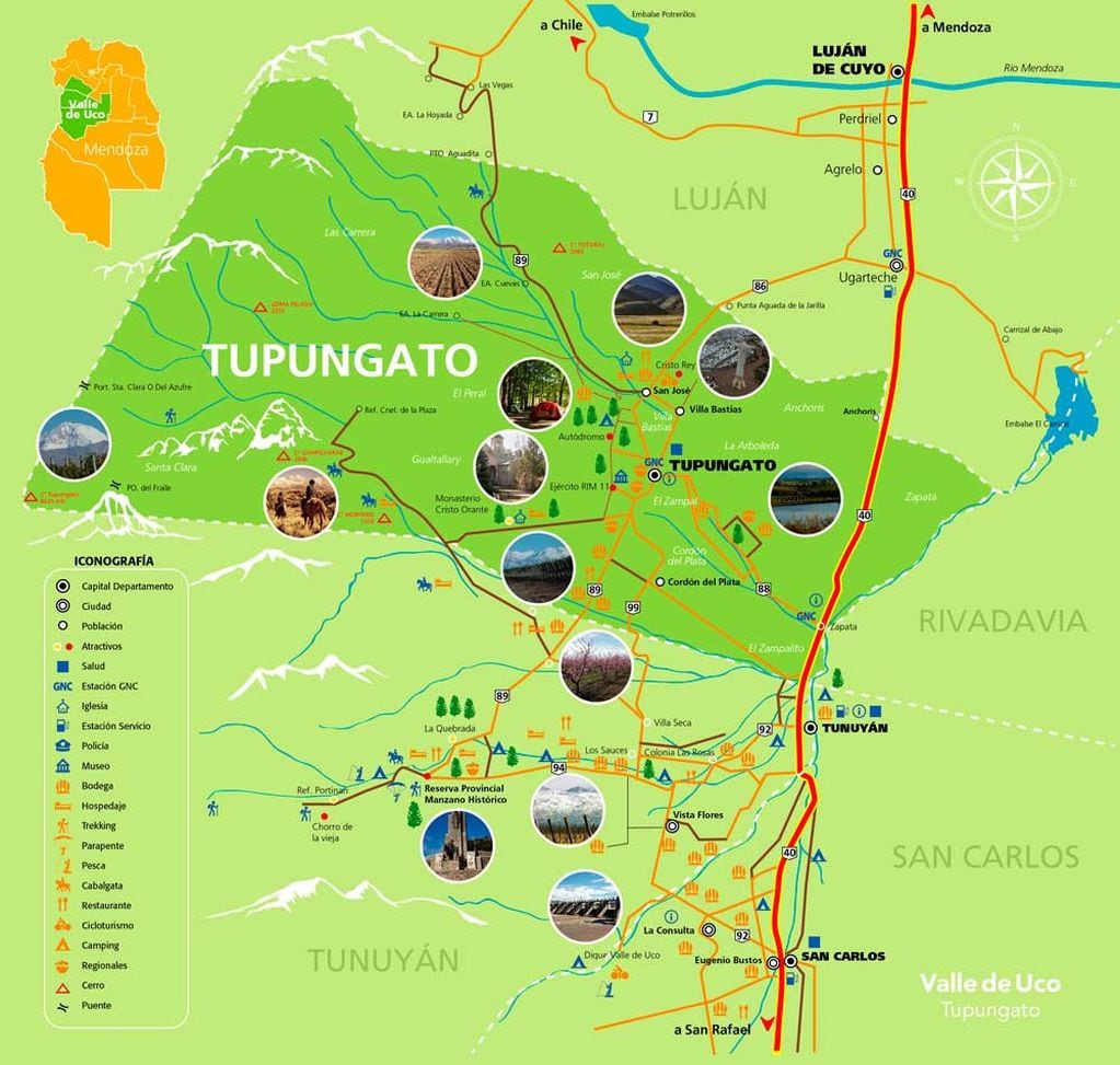 Ciudad de Tupungato y ubicación de lugares de importancia.
