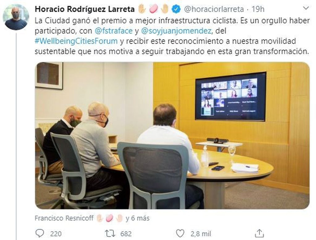 El mensaje de Horacio Rodríguez Larreta por el premio a la política de movilidad sustentable. (Twitter)
