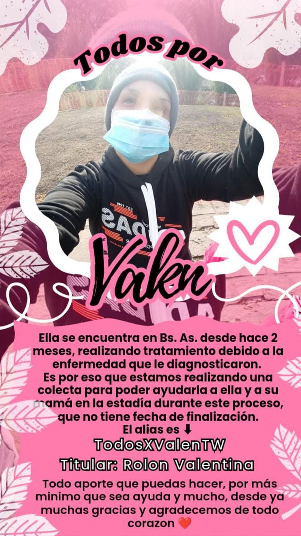 La campaña solidaria para Valentina, la chubutense que tiene leucemia y necesita continuar su tratamiento en Buenos Aires.
