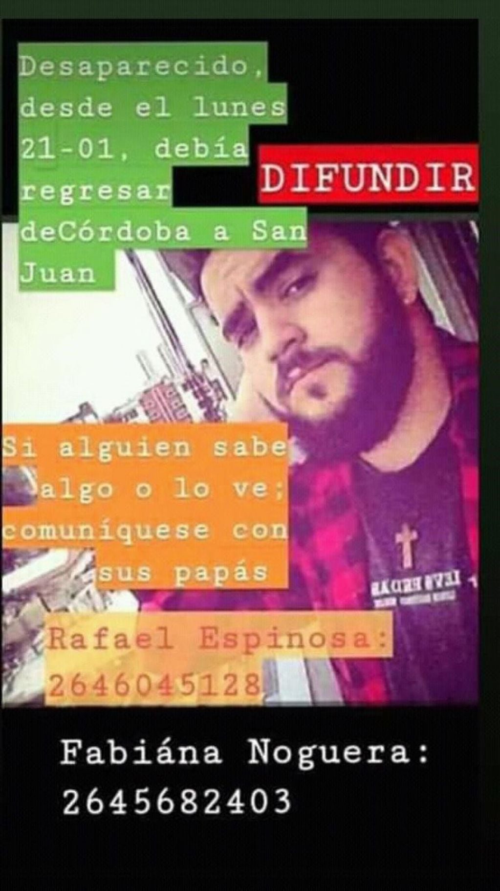 El joven sanjuanino desapareció en Córdoba y su familia no puedo ubicarlo.