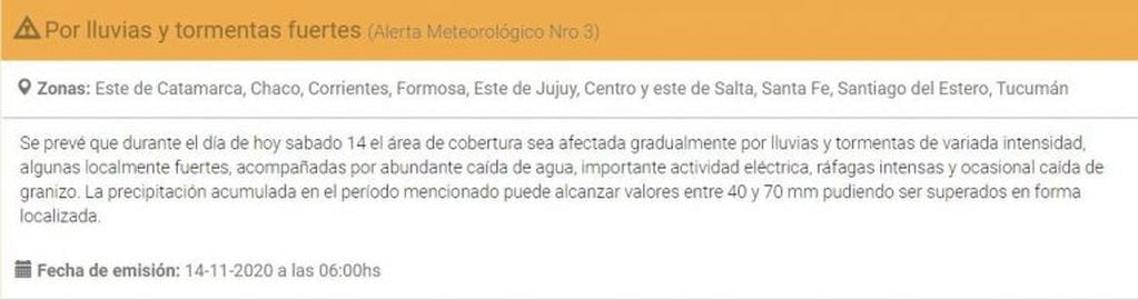 Santiago del Estero bajo alerta meteorológica por tormentas fuertes.