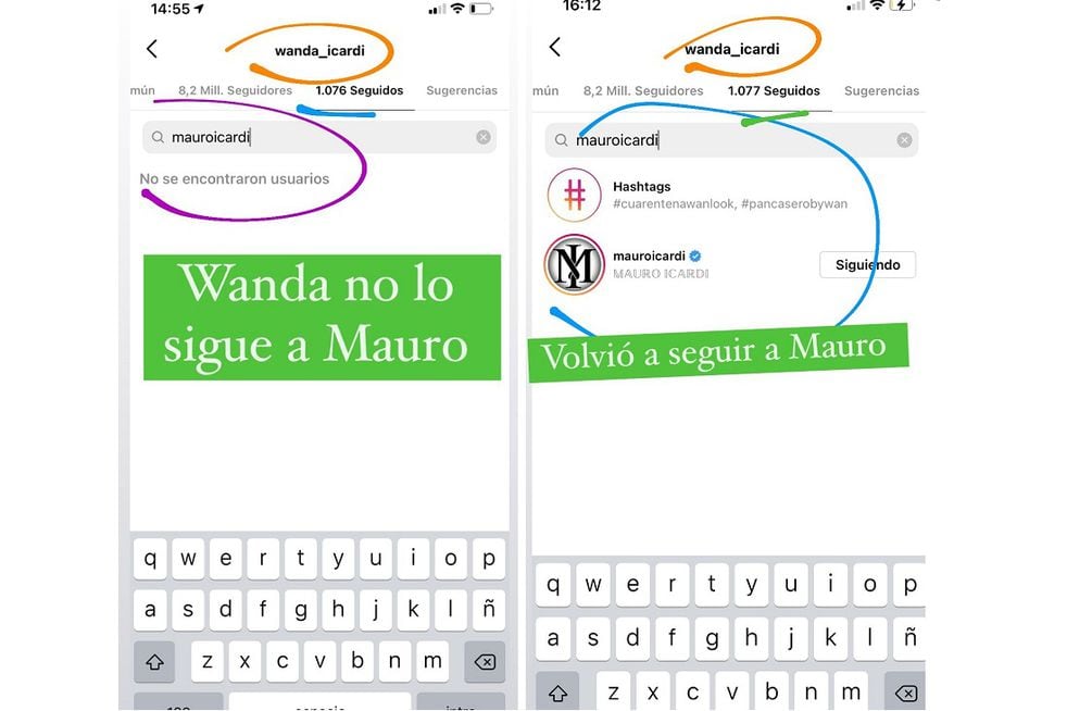 El antes y el después: según mostró Juariu, Wanda dejó de seguir a Mauro y luego se arrepintió. (Instagram).