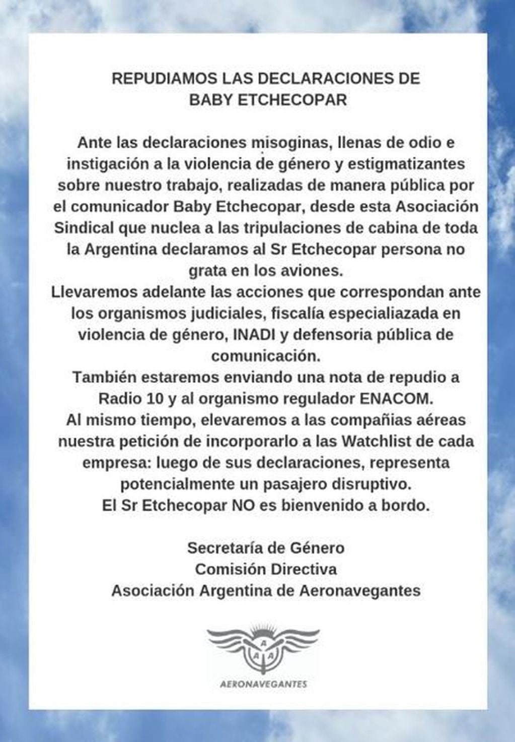 Comunicado oficial del gremio de aeronavegantes. (twitter/@aeronavegantes)