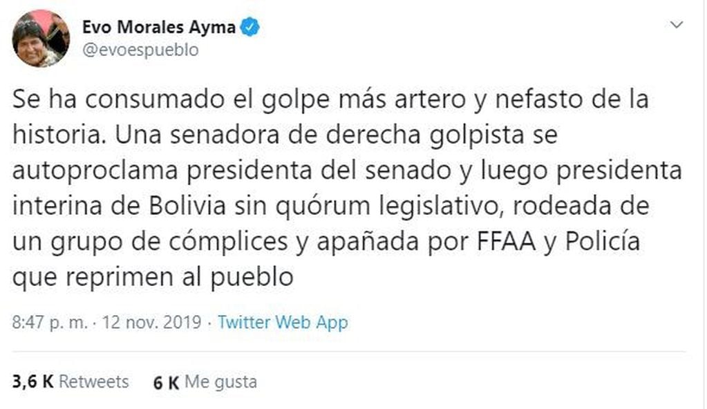 El mensaje de Evo Morales tras la asunción de Áñez. (Twitter)
