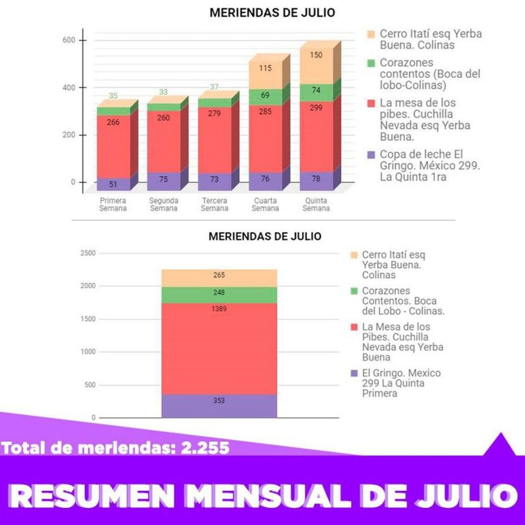 Organización "Presentes" y el balance de las meriendas entregadas en julio. (Gráfico: Agrupación "Presentes").
