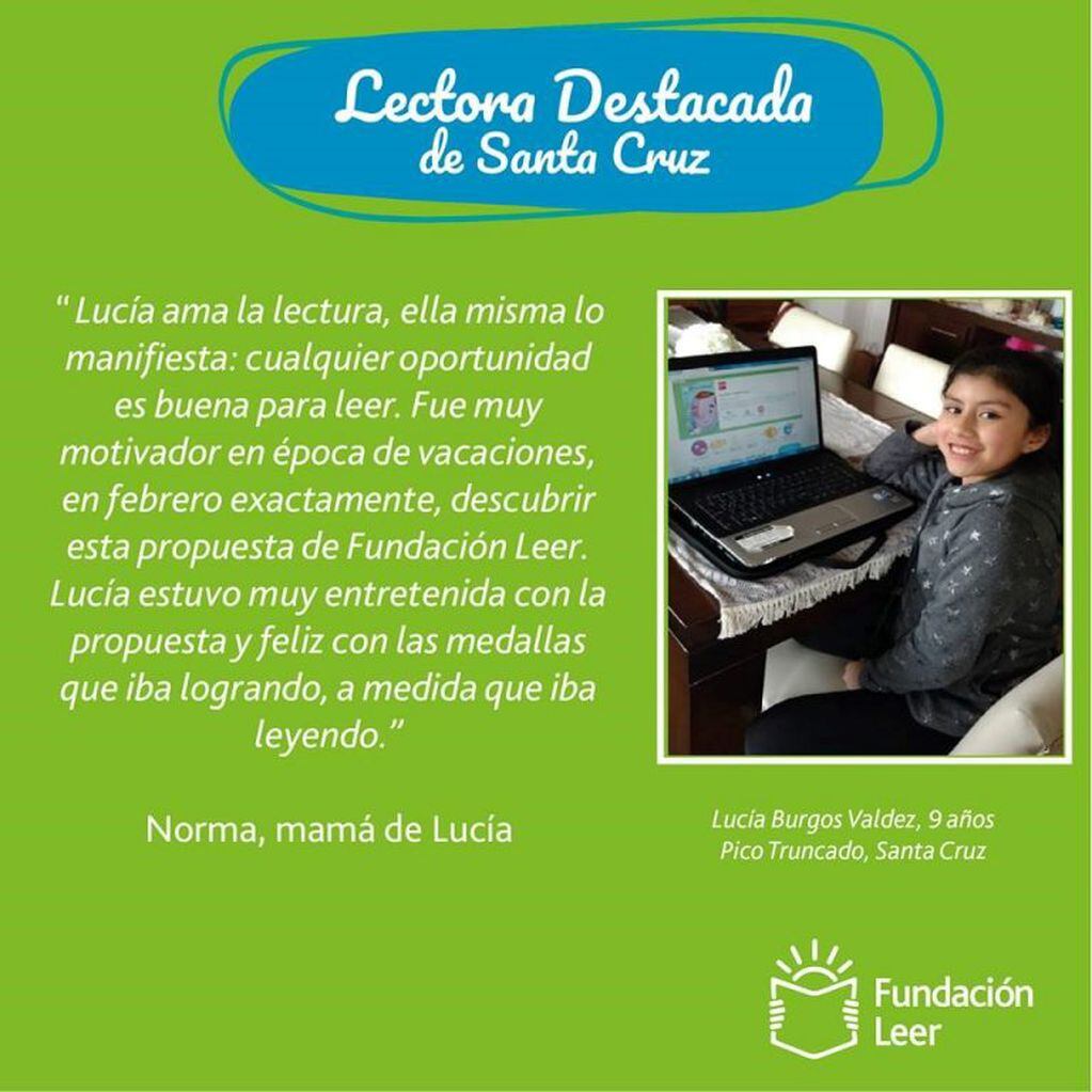 Lucía Burgos Valdez, una nena de 9 años, como la niña más lectora de la Provincia de Santa Cruz.
