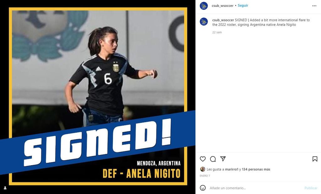 Anela Nigito, ex Independiente Rivadavia, que se incorpotó al CSU Bakersfield Women's Soccer.