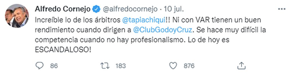 Alfredo Cornejo publicó un comentario explosivo contra Chiqui Tapia y el arbitraje de LPF.-