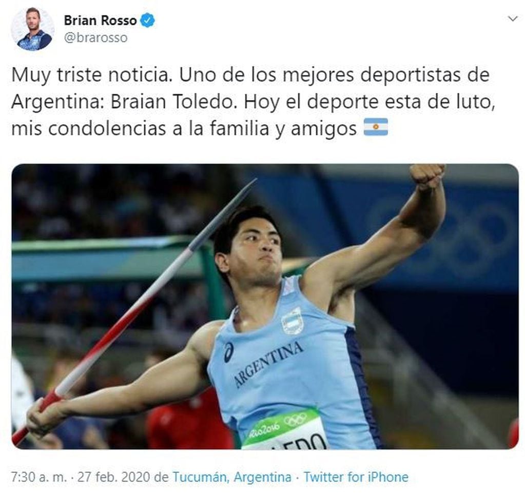 Brian Rosso, bronce en los últimos Juegos Panamericanos de Lima, se mostró conmovido por la muerte de Braian Toledo. (Twitter)