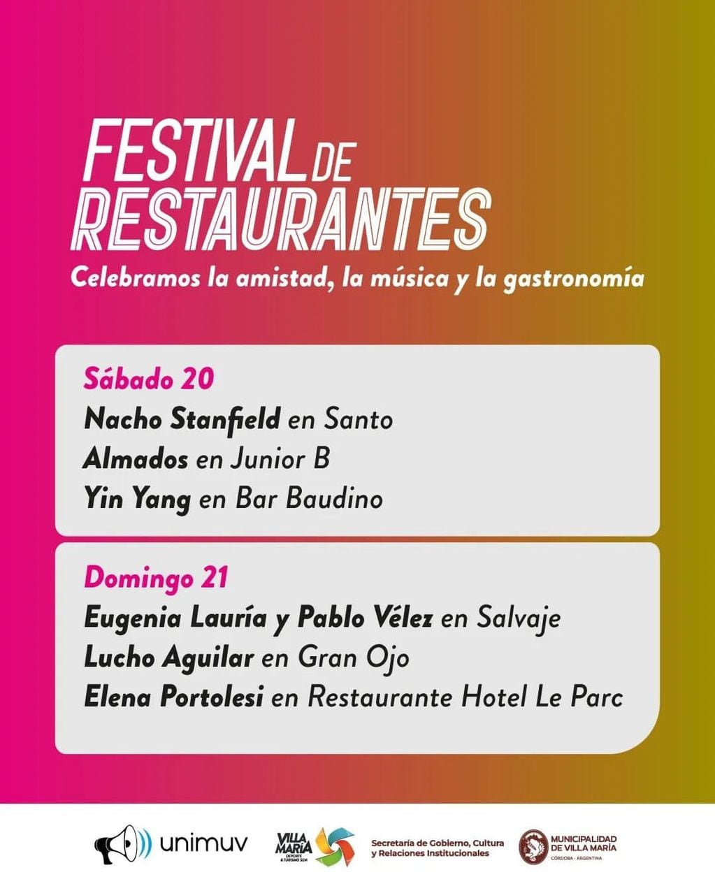Sábado y domingo del Festival de Restaurantes en Villa María.