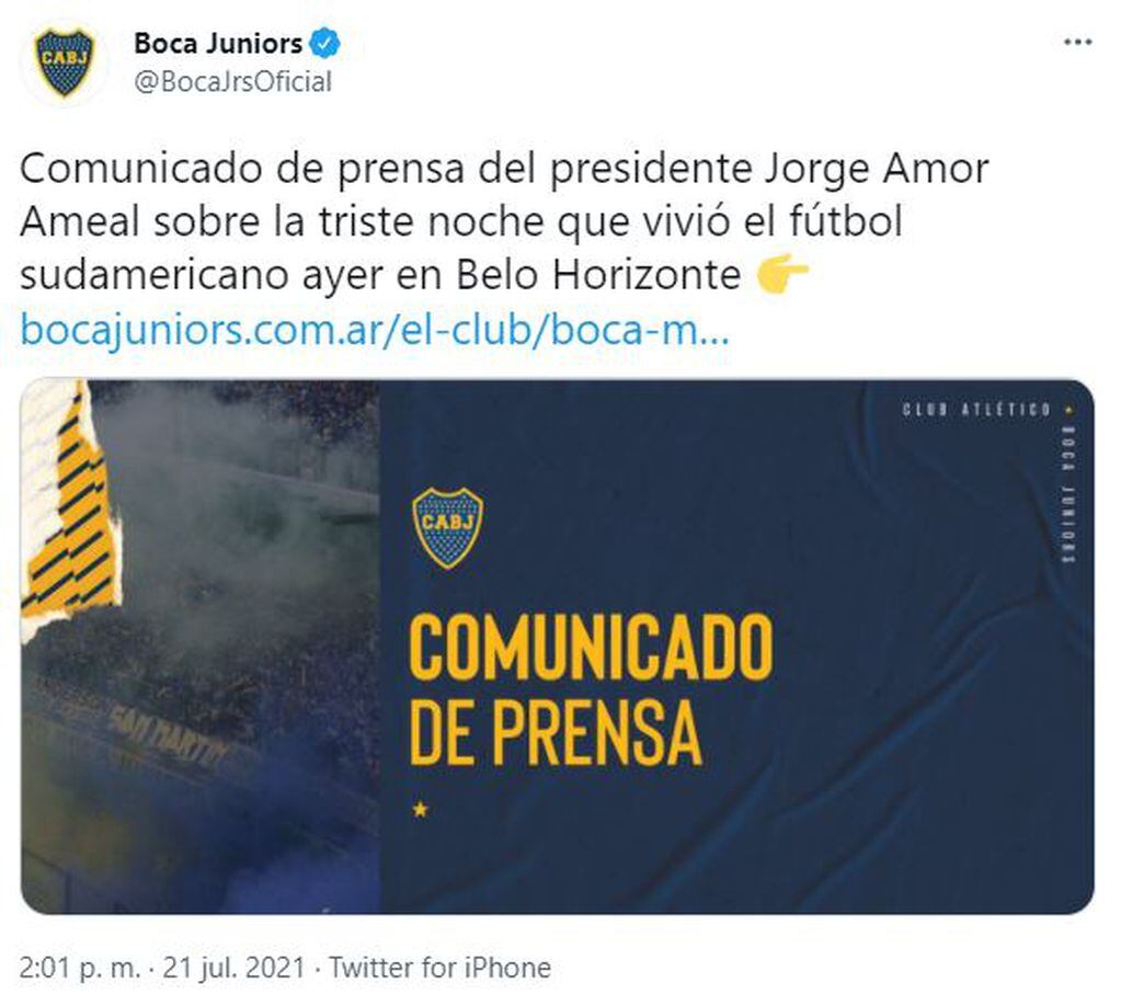 Comunicado de Boca tras la eliminación de la Copa Libertadores.