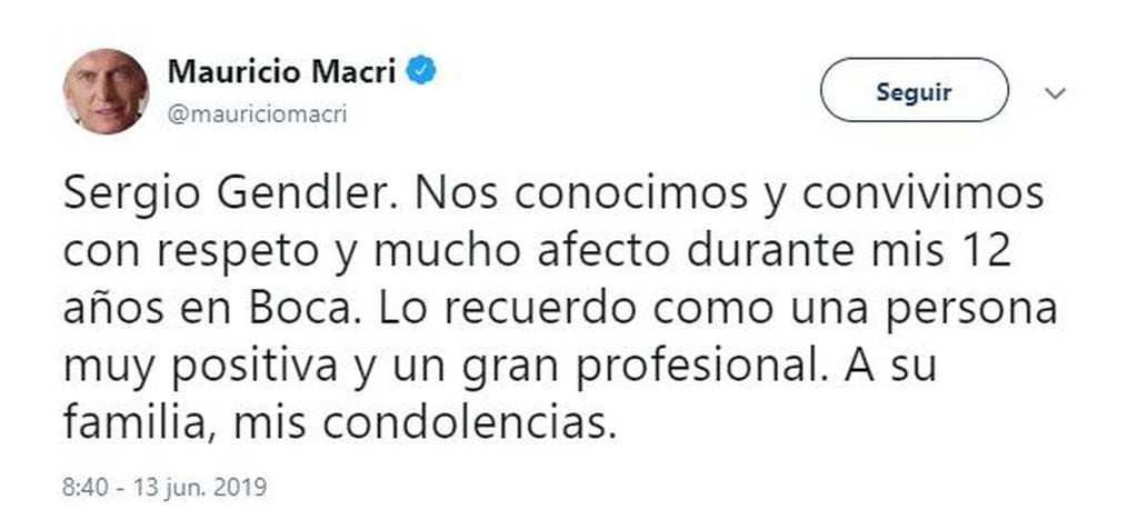 El mensaje de Mauricio Macri por la muerte de Sergio Gendler (Foto: captura Twitter)