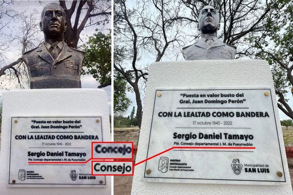 El busto de Perón inaugurado en San Luis (antes y después, ya corregido).