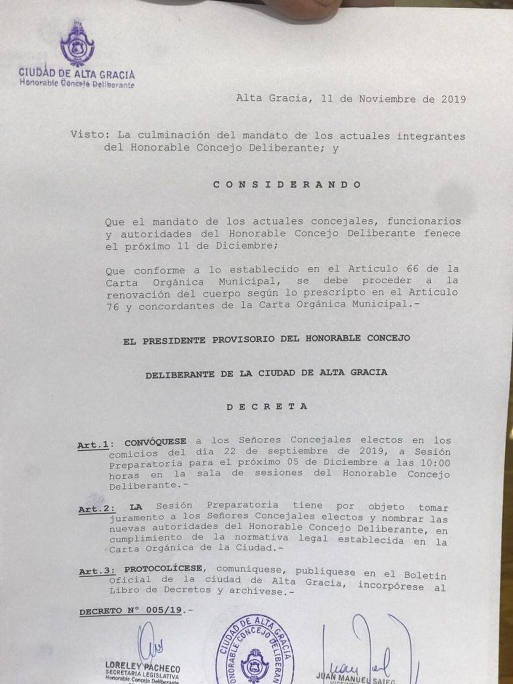 Decreto 005/19, Concejo Deliberante de la ciudad de Alta Gracia.