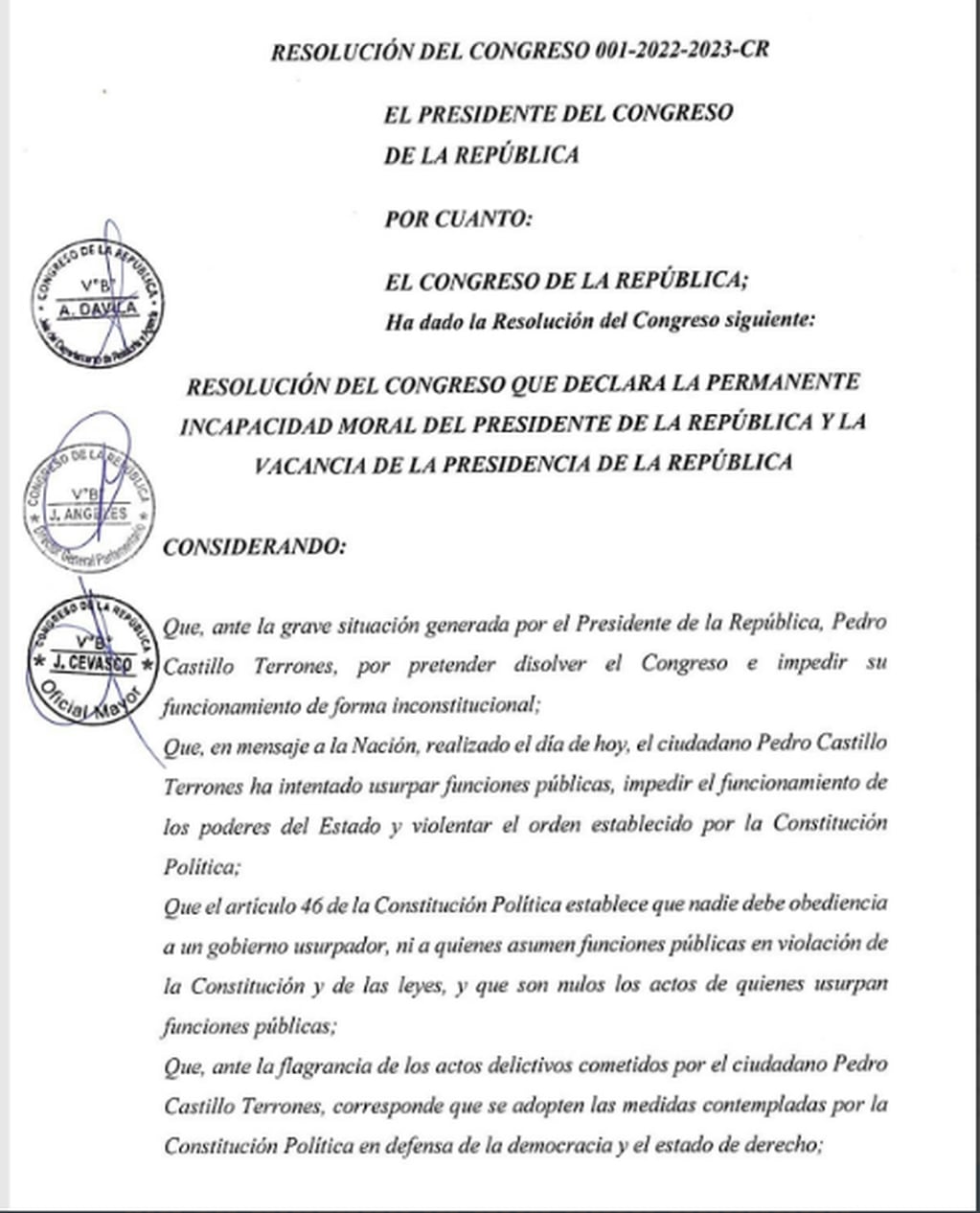 El Congreso de Perú destituyó a Pedro Castillo como presidente.