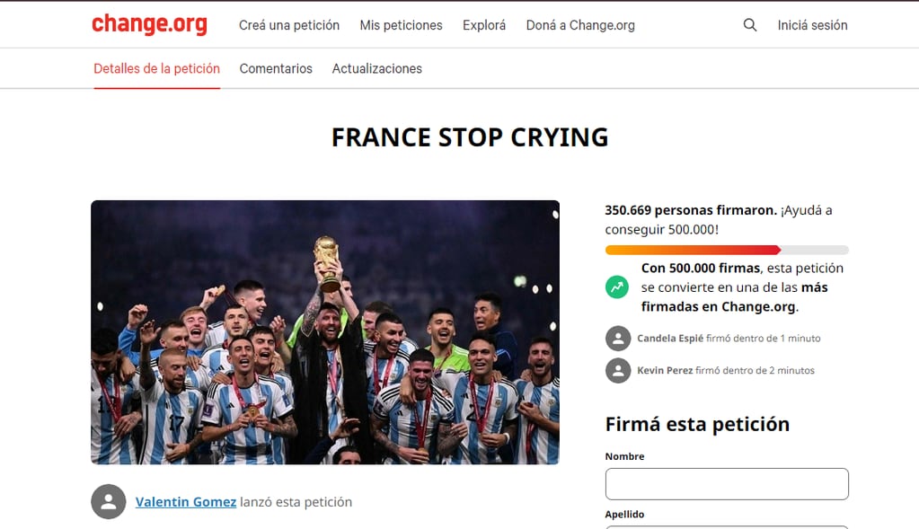 Tras los reclamos de los franceses, argentinos juntaron más de 250 mil firmas para que “dejen de llorar”.