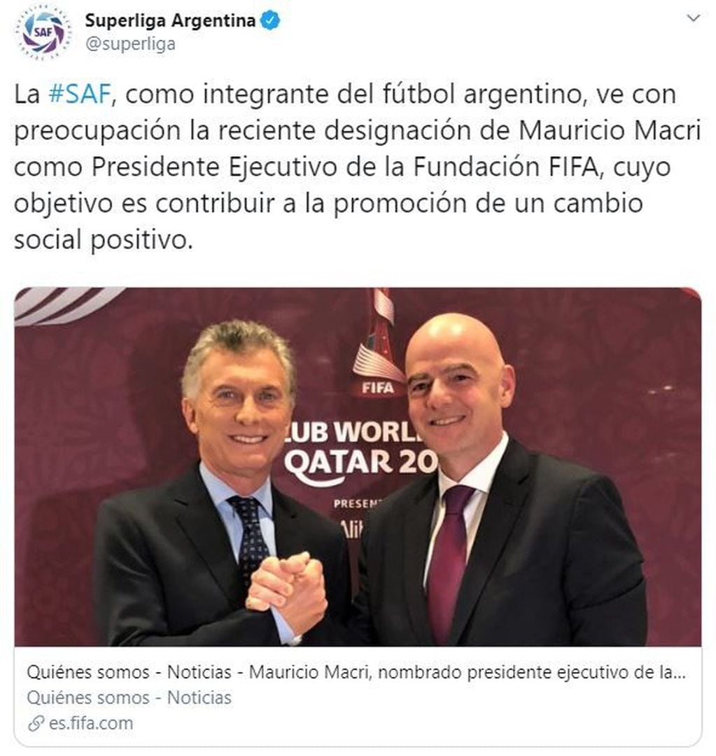 La Superliga repudió la designación de Mauricio Macri en la FIFA. (Twitter)