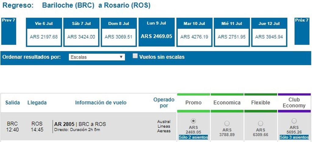 Ofertas en vuelos de Bariloche a Rosario (Aerolíneas Argentinas)