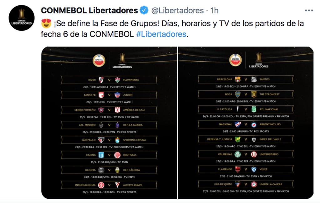 La última fecha de la fase de grupos de la Copa Libertadores.