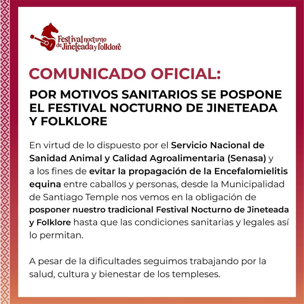 El comunicado de la Municipalidad sobre el Festival Nocturno de Jineteada y Folklore. 