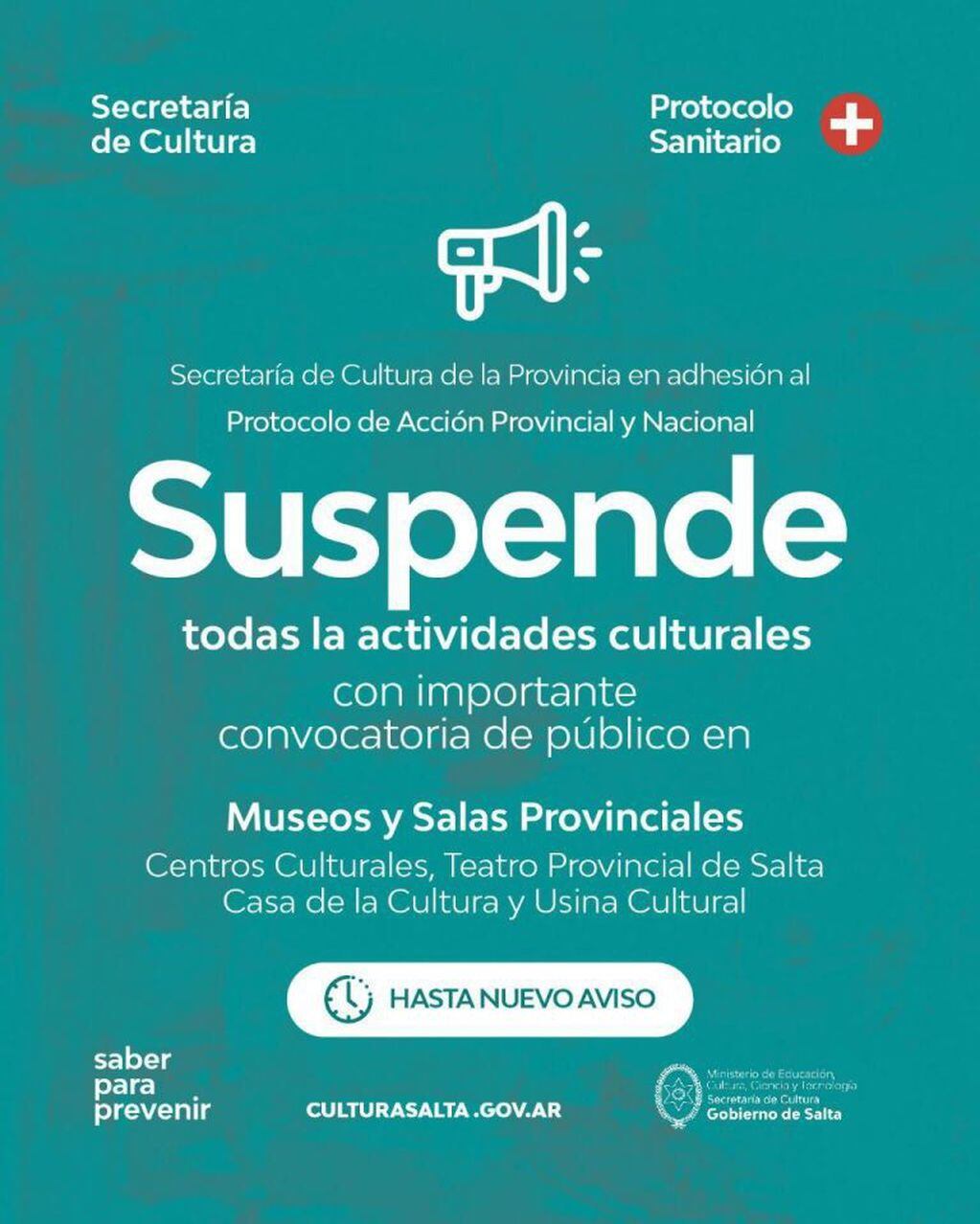 Suspensión de las actividades culturales (Cultura Salta)