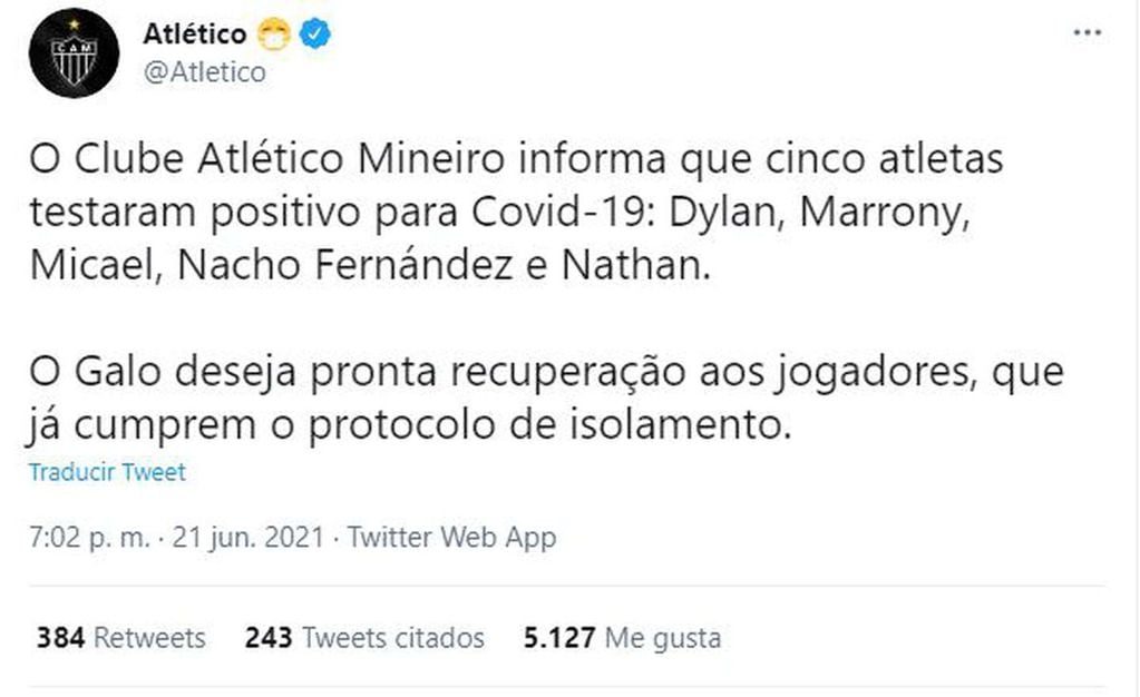 El anuncio del Atlético Mineiro sobre los positivos de Covid (Foto: Twitter)