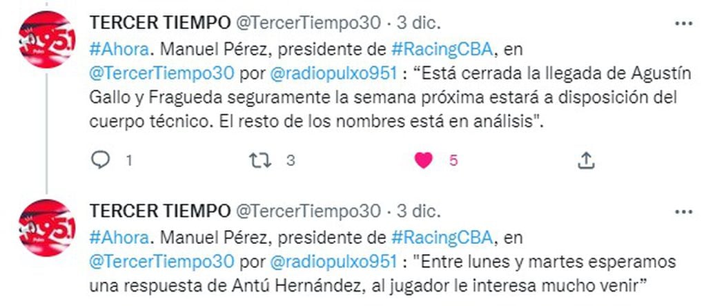 Manuel Pérez, con muchas novedades para el Racing 2023 en boca de su presidente.