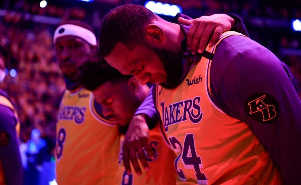 Jan 31, 2020; Los Angeles, California, USA; Los Angeles Lakers forward LeBron James reacts during the national anthem after a pre game tribute to Kobe Bryant before playing the Portland Trail Blazers at Staples Center. Mandatory Credit: Robert Hanashiro-USA TODAY Sports     TPX IMAGES OF THE DAY