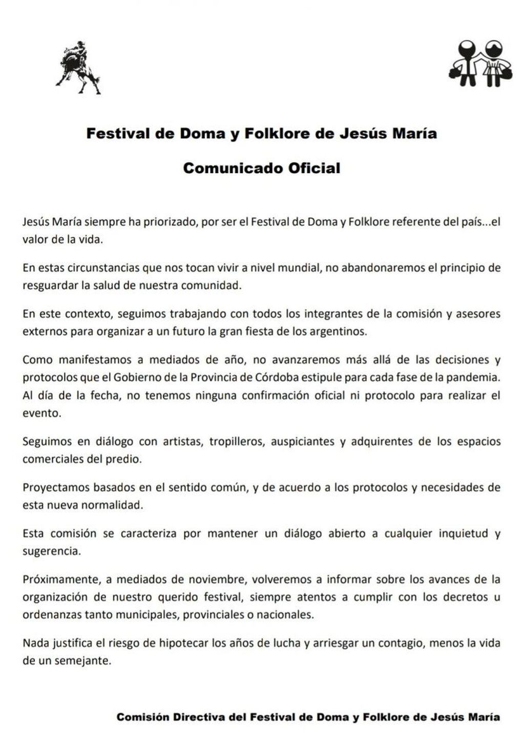 Comunicado oficial del Festival de Doma y Folclore de Jesús María