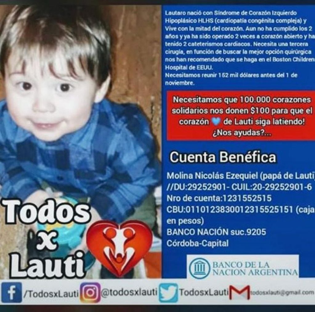 Lauti, el pequeño cuyos padres encararon una campaña solidaria para juntar fondos por una cardiopatía.