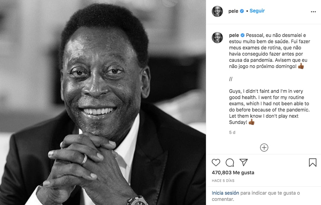 El mensaje de tranquilidad de Pelé en sus redes sociales.