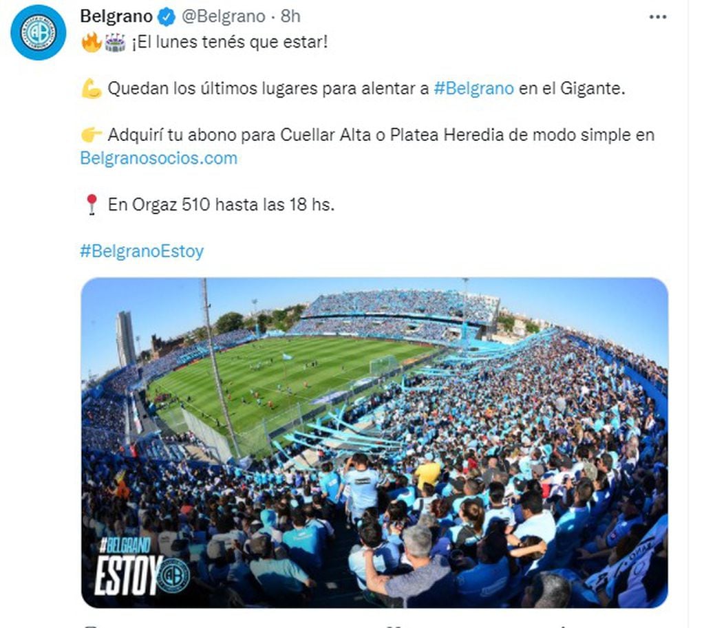 El Gigante estará colmado el próximo lunes en el debut de Belgrano.