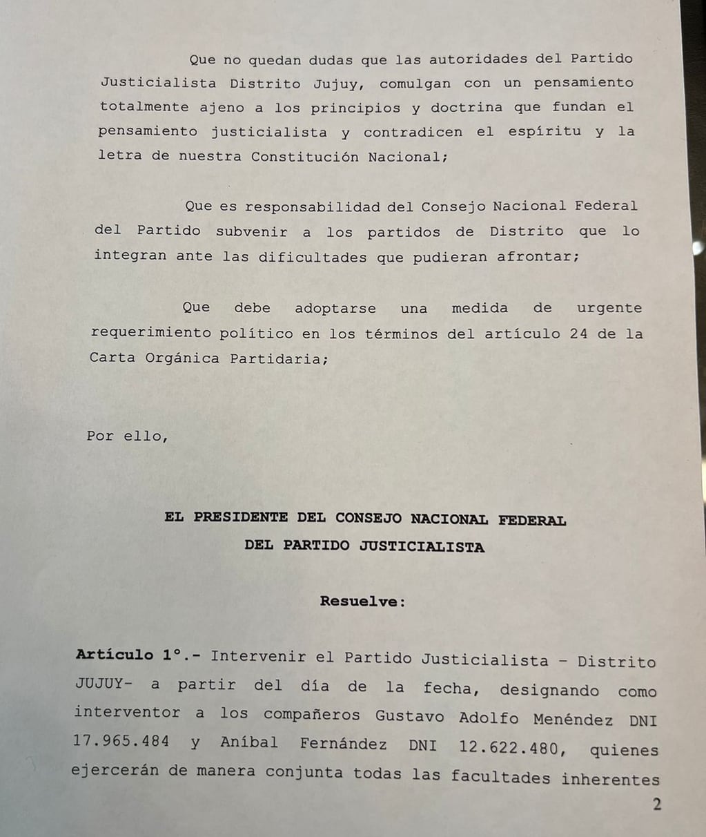 La resolución número 1 de este año del Consejo Nacional del Partido Justicialista (PJ), que preside Alberto Fernández, que dispone la intervención del Distrito Jujuy del Partido Justicialista.