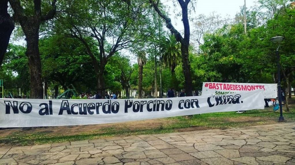 Pasacalle rechazando las granjas porcinas (Foto: Facebook Somos Monte Chaco)