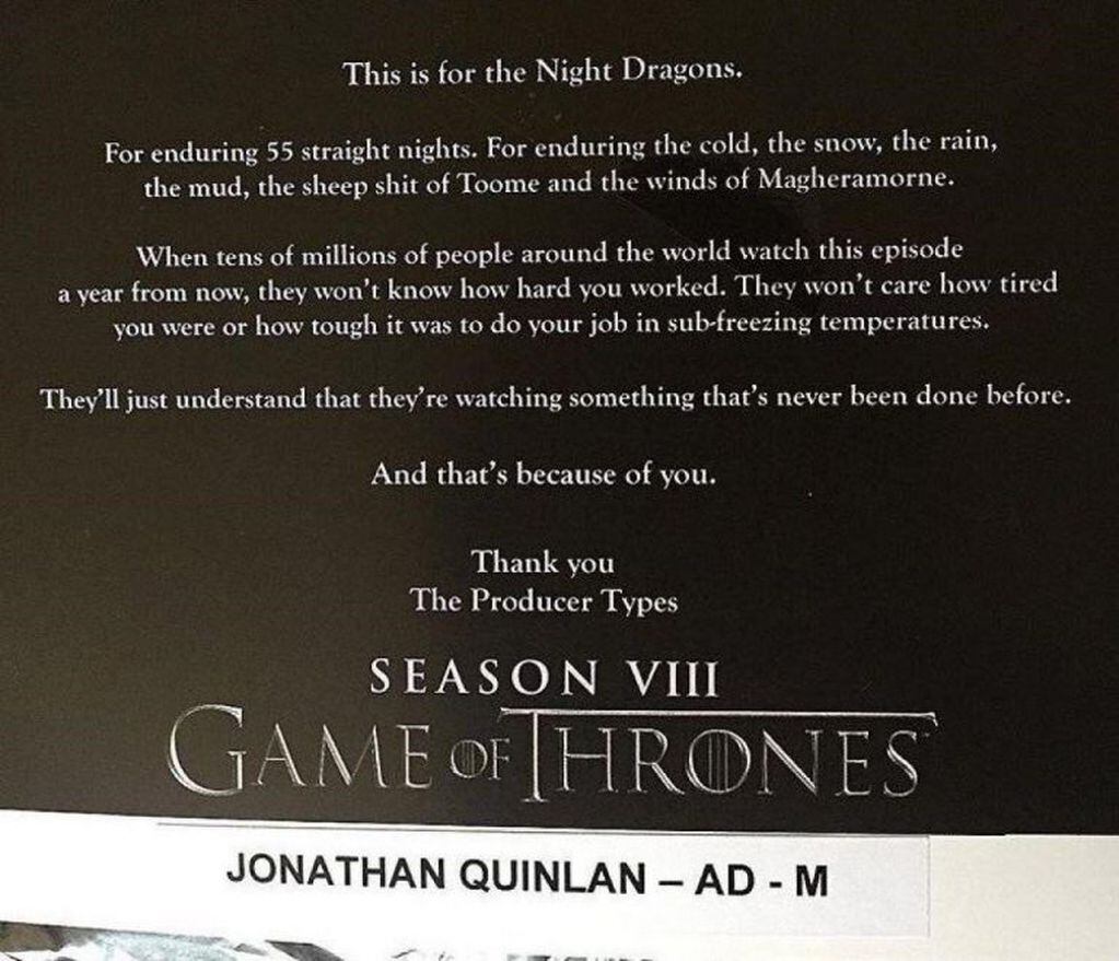La carta que subió un asistente de producción de Game Of Thrones sobre la filmación de la gran batalla que tendrá la octava temporada de la serie.