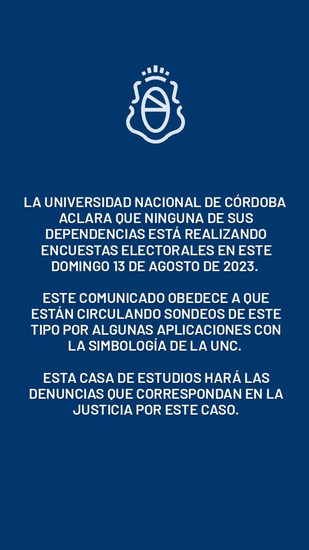 PASO. El comunicado de la UNC por el sondeo falso que circula en redes (Prensa UNC).
